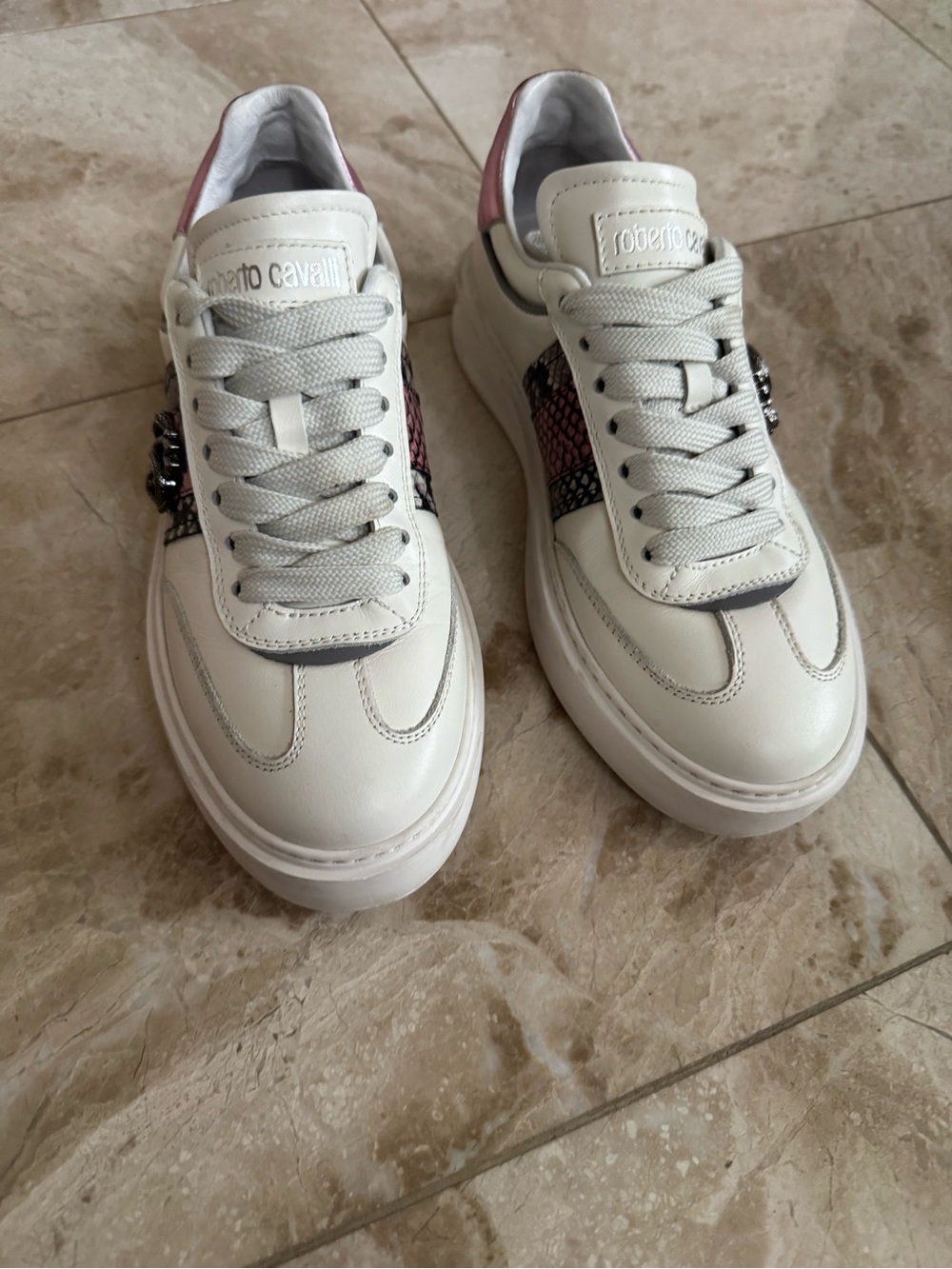 Roberto Cavalli White Leather Sneakers with Pink and Black Snake-Print Detail